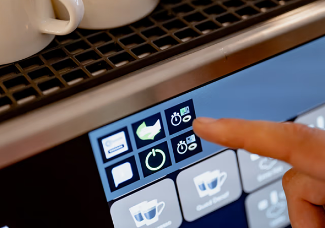 Hand som väljer dryck på pekskärmen på en Eversys kaffemaskin